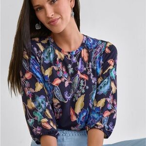 Johnny Was Navy Floral Puff Sleeve Blouse